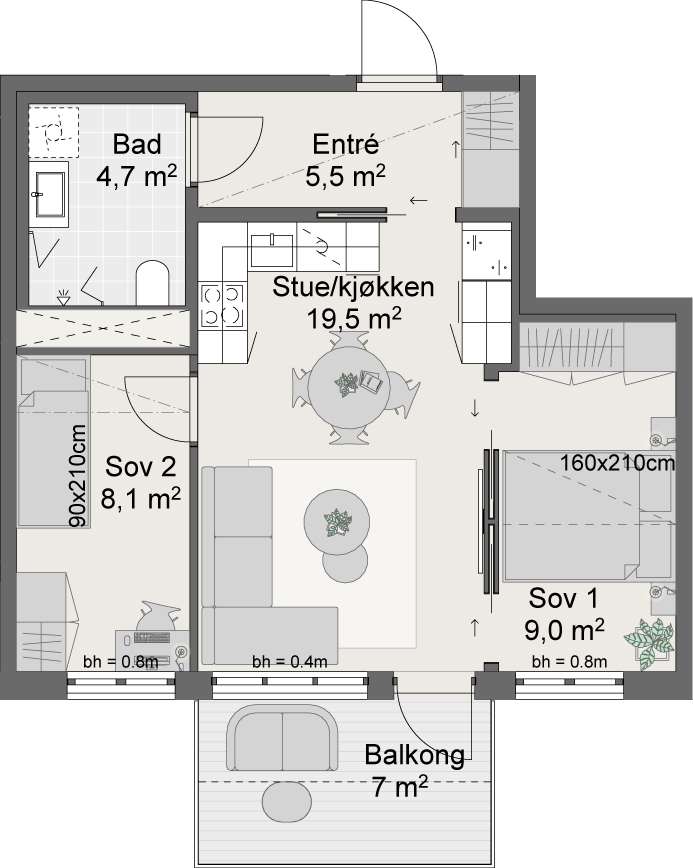 Stiplet linje viser balkongtak leilighet 174
